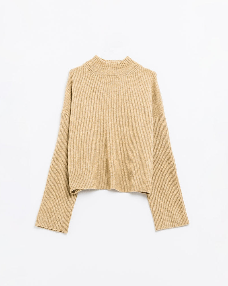 Relaxed Beige Ribbed High Neck Sweater