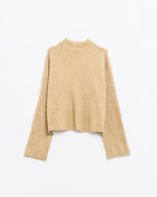 Relaxed Beige Ribbed High Neck Sweater