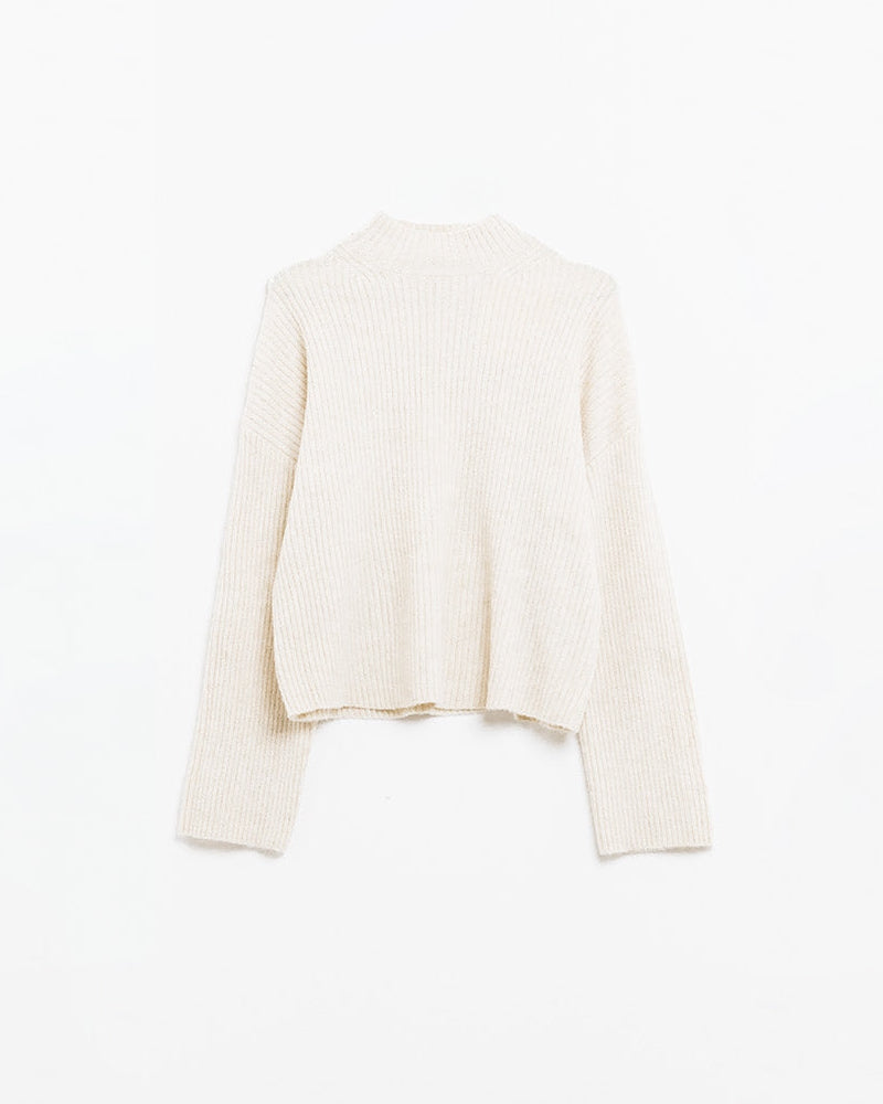 Relaxed Cream Ribbed High Neck Sweater