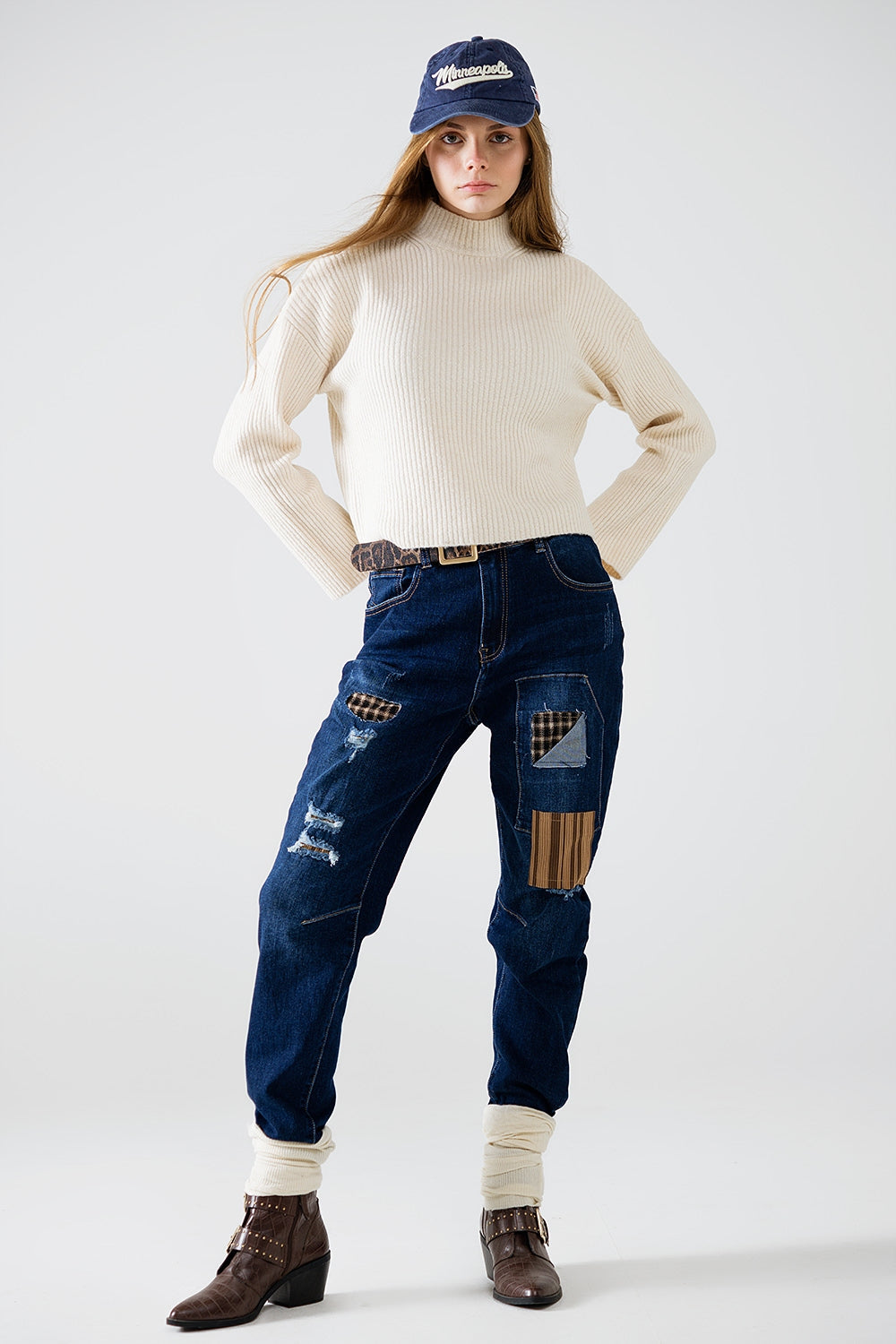 Relaxed Cream Ribbed High Neck Sweater