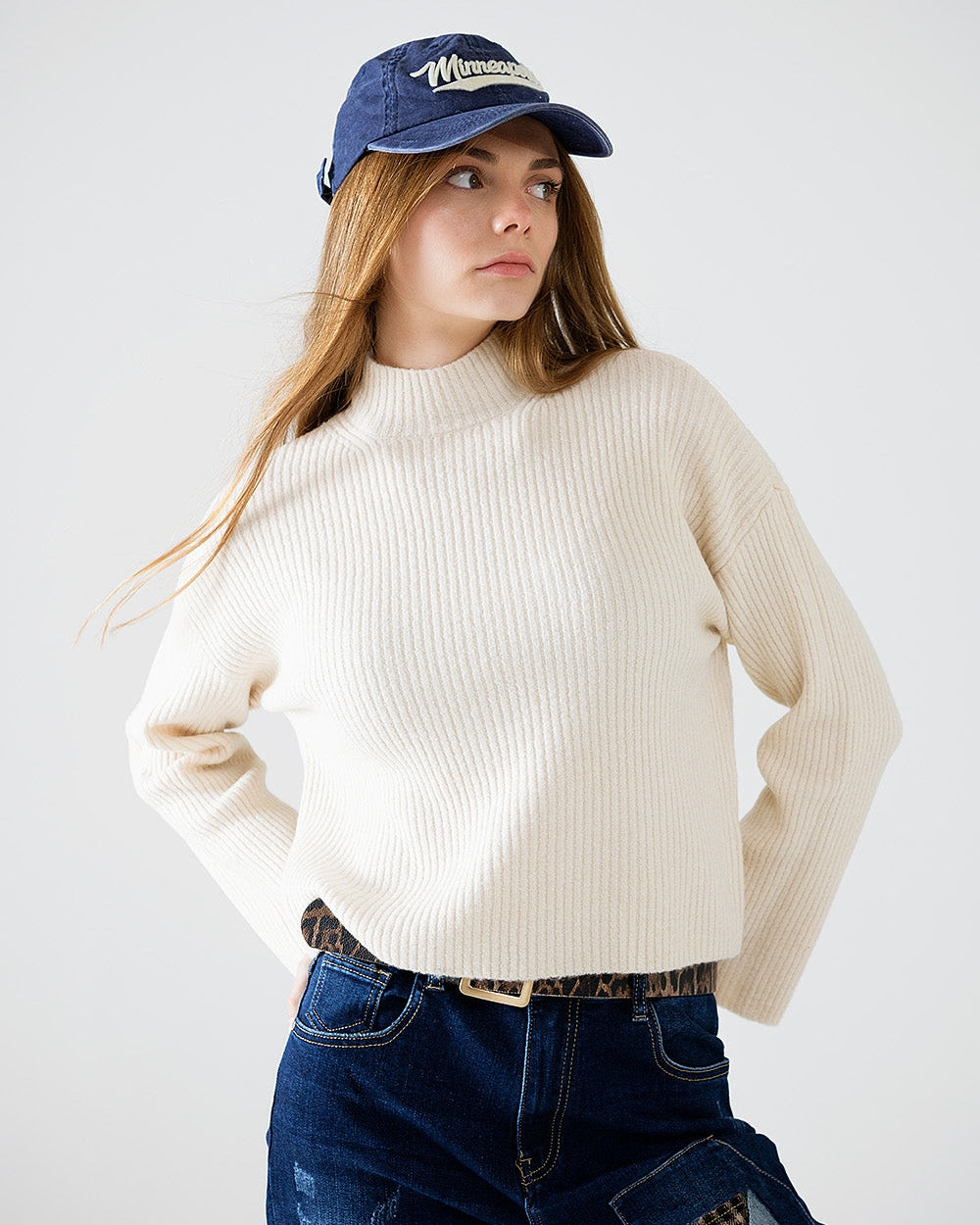 Relaxed Cream Ribbed High Neck Sweater