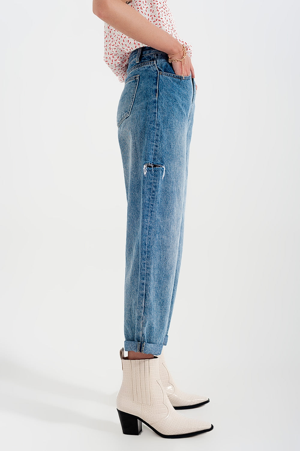 Relaxed Fit Side Rip Jeans in Mid Blue