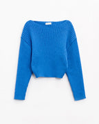 Relaxed Ribbed Boat Neck Sweater in Blue