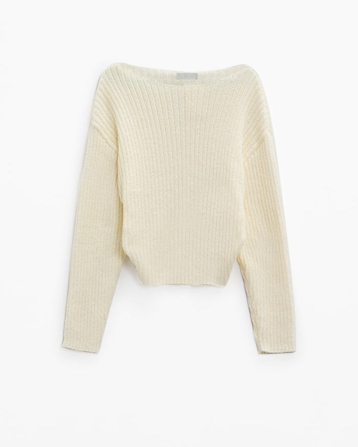 Relaxed Ribbed Boat Neck Sweater in Cream