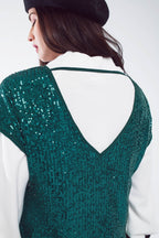 Relaxed Sequin Dress with Short Sleeves and Open Back in Green