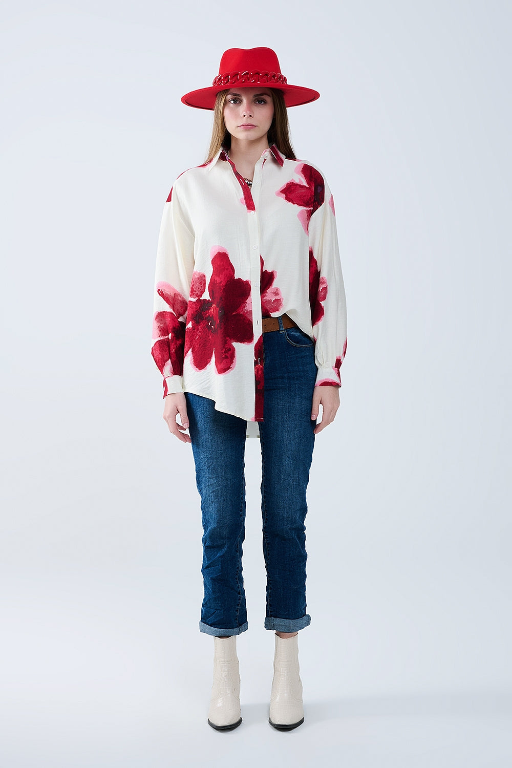 Relaxed Shirt in Beige with Red Tropical Flower Print in Red