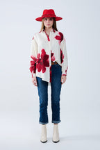 Relaxed Shirt in Beige with Red Tropical Flower Print in Red