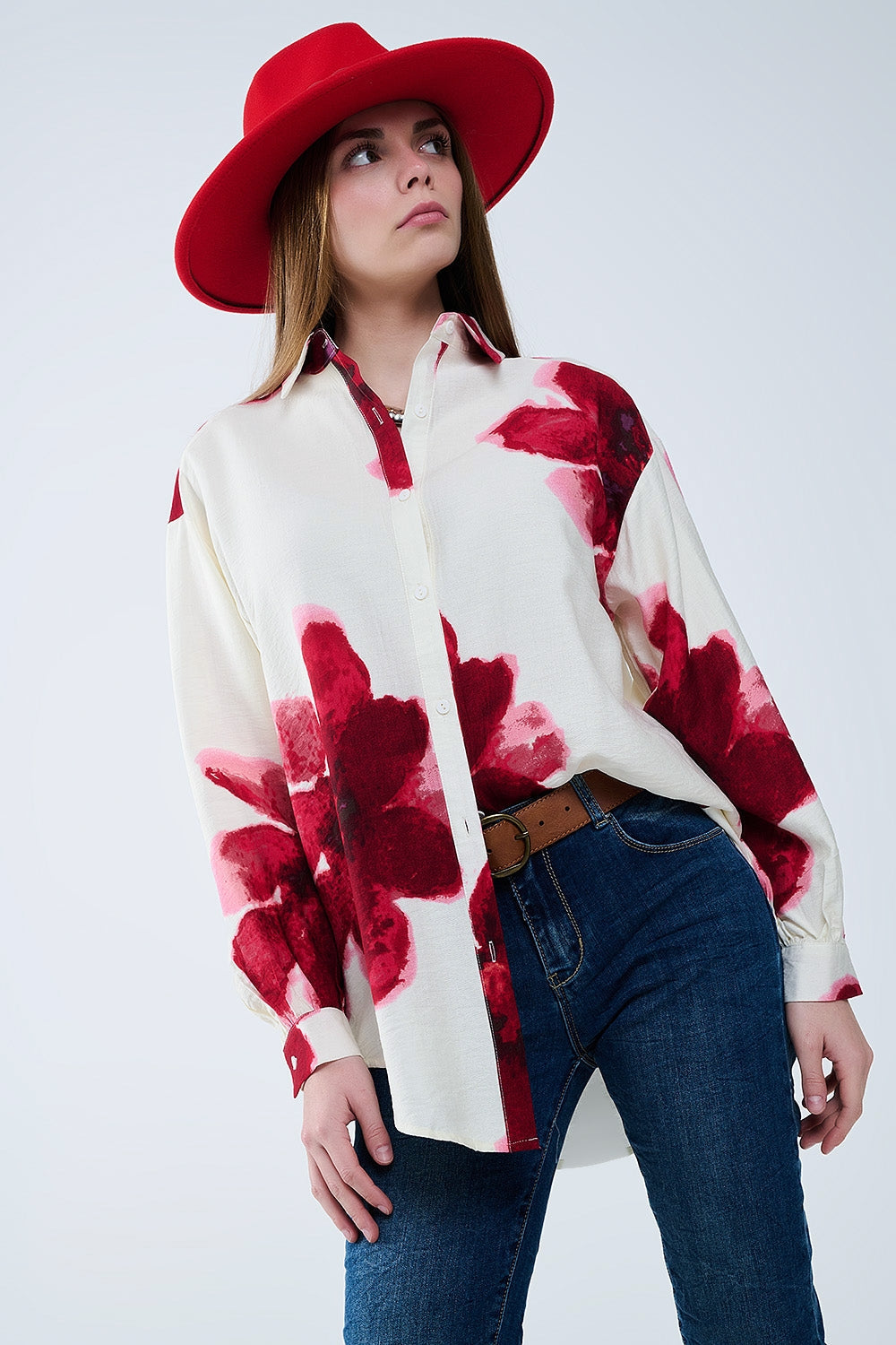 Relaxed Shirt in Beige with Red Tropical Flower Print in Red