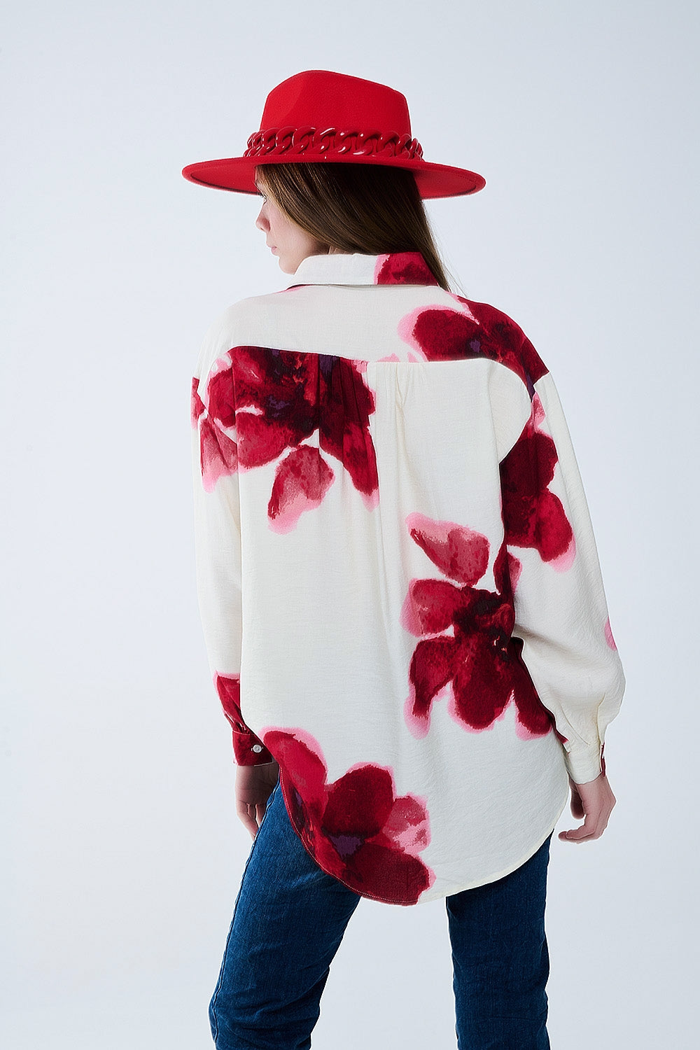 Relaxed Shirt in Beige with Red Tropical Flower Print in Red