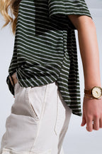 Relaxed Striped T-Shirt with Crew Neckline in Khaki