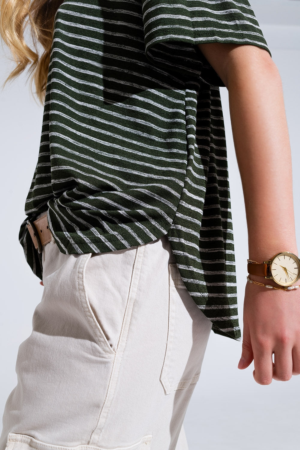Relaxed Striped T-Shirt with Crew Neckline in Khaki