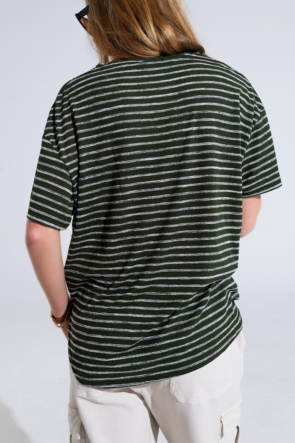Relaxed Striped T-Shirt with Crew Neckline in Khaki