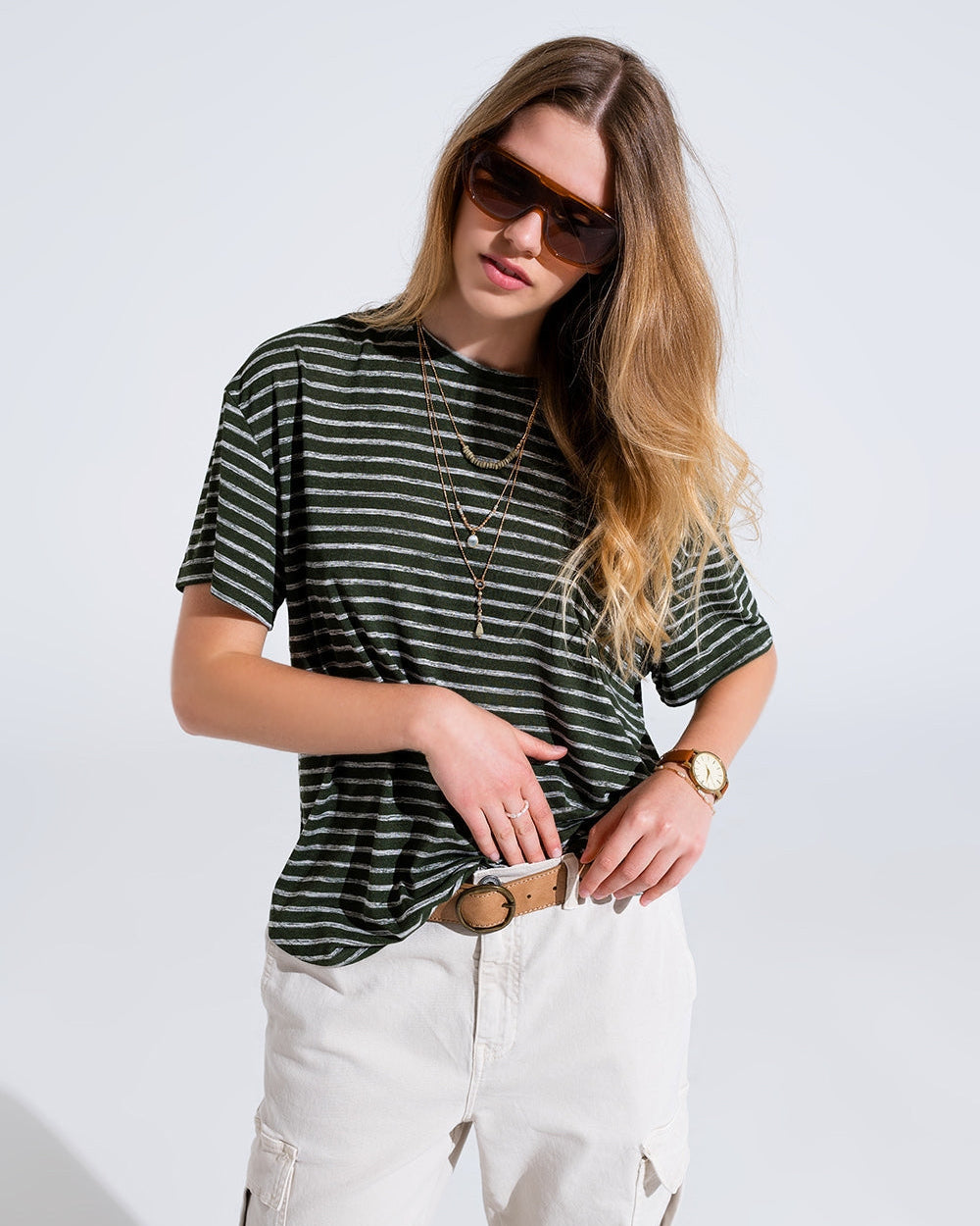 Relaxed Striped T-Shirt with Crew Neckline in Khaki