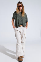 Relaxed Striped T-Shirt with Crew Neckline in Khaki