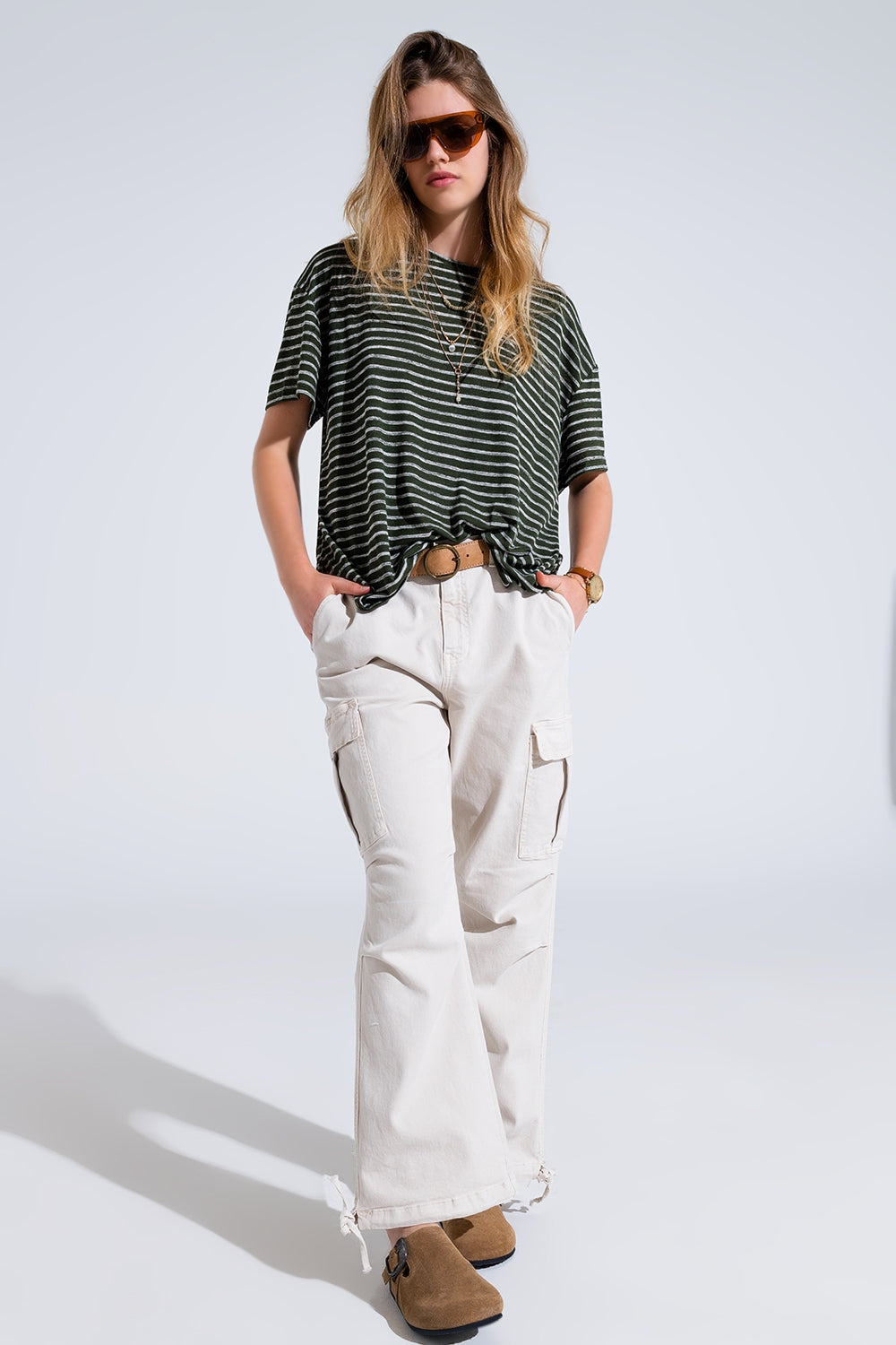 Relaxed Striped T-Shirt with Crew Neckline in Khaki