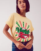 Relaxed T-Shirt with Yellow Vintage Queens Graphic Print