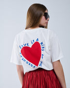 Relaxed White T-Shirt Featuring a Heart Design on Both the Front and Back