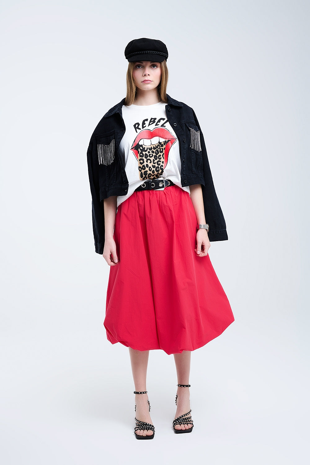 Relaxed White T-Shirt with Rebel and Lips Graphic Print