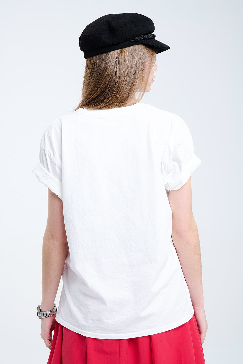 Relaxed White T-Shirt with Rebel and Lips Graphic Print