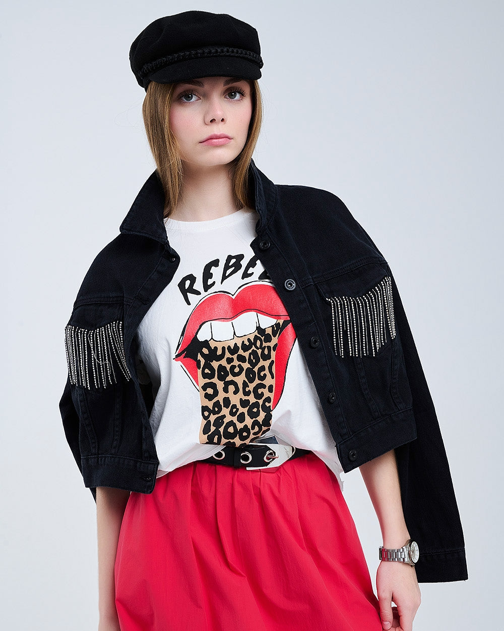 Relaxed White T-Shirt with Rebel and Lips Graphic Print