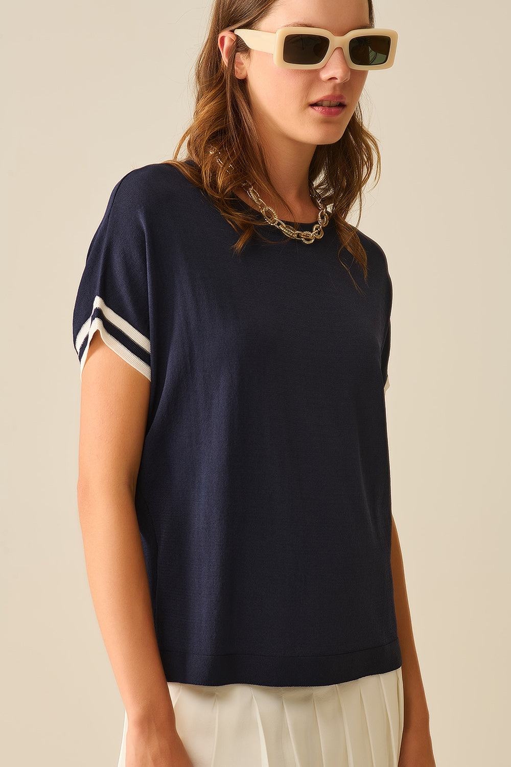 Relaxed Sweater in Navy with White Contrast Detail