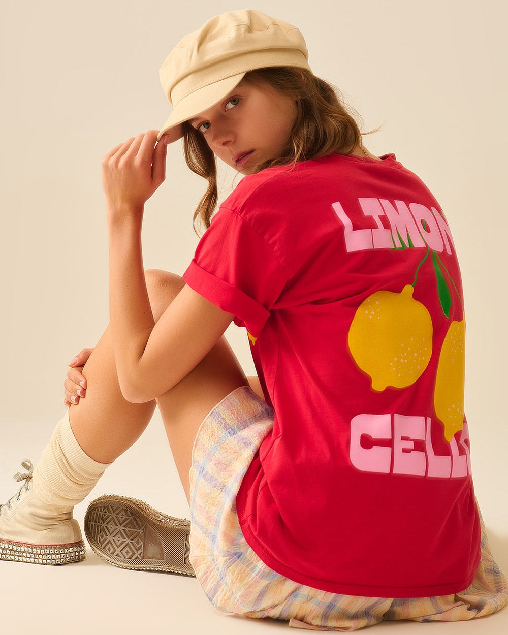 Relaxed Red T-Shirt with Lemon Print
