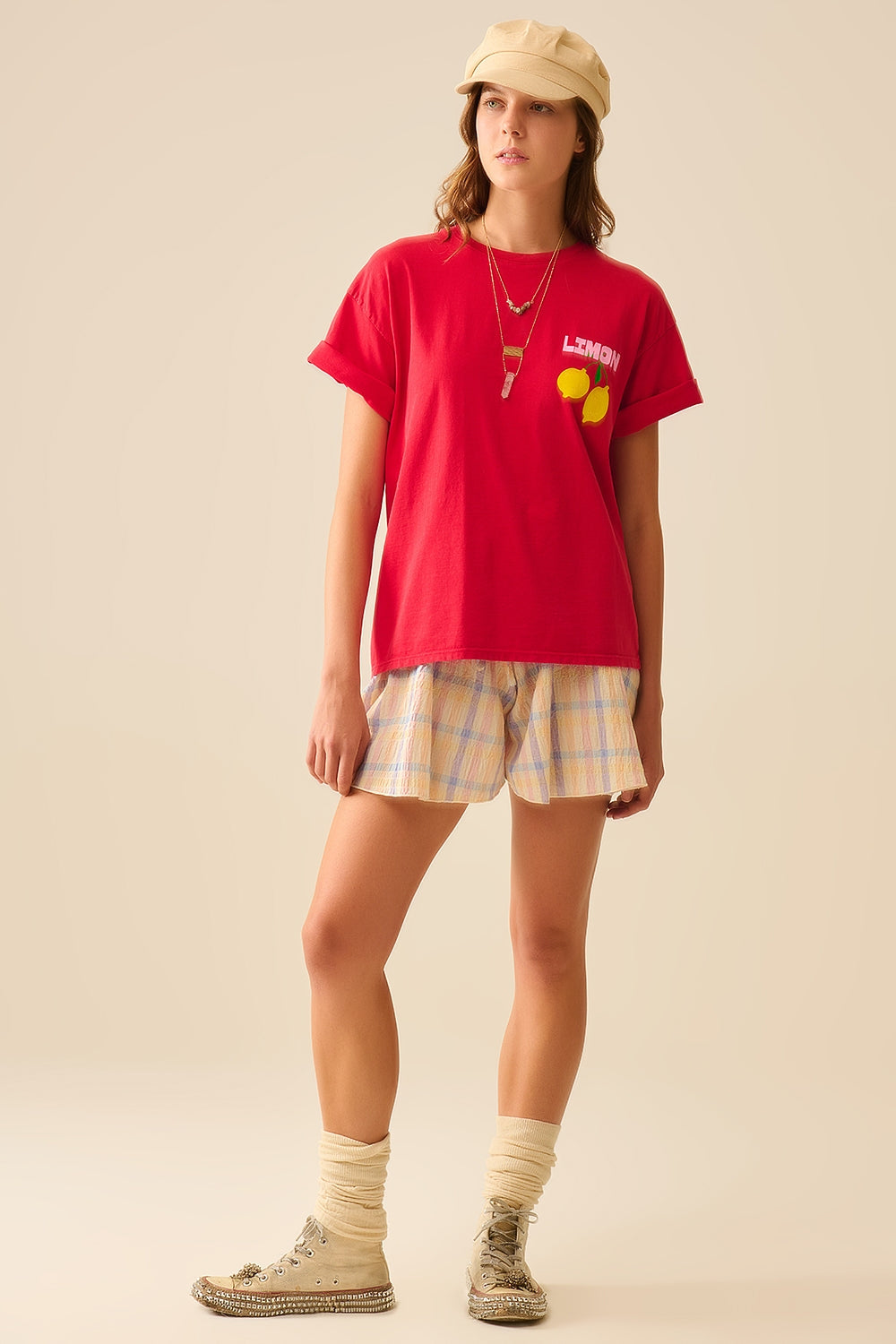 Relaxed Red T-Shirt with Lemon Print