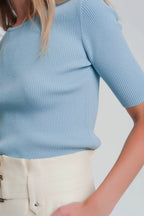 Rib Knitted Sweater with Tie Back in Blue