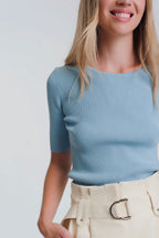 Rib Knitted Sweater with Tie Back in Blue