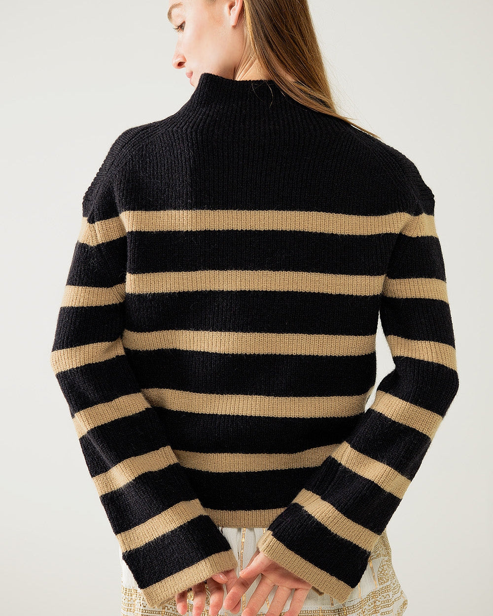 Ribbed Knit Jersey in Black with Camel Stripes