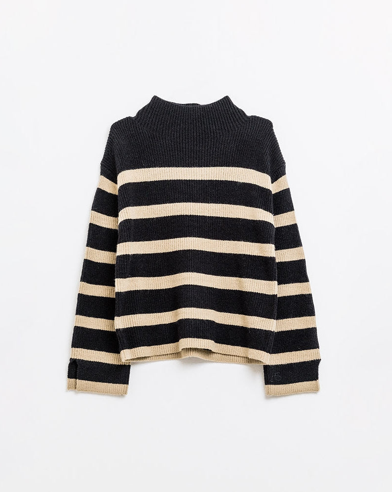 Ribbed Knit Jersey in Black with Camel Stripes