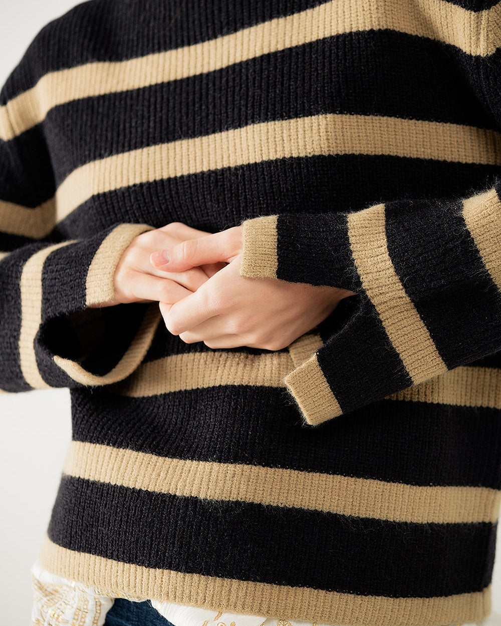 Ribbed Knit Jersey in Black with Camel Stripes