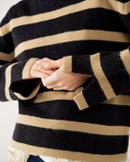 Ribbed Knit Jersey in Black with Camel Stripes
