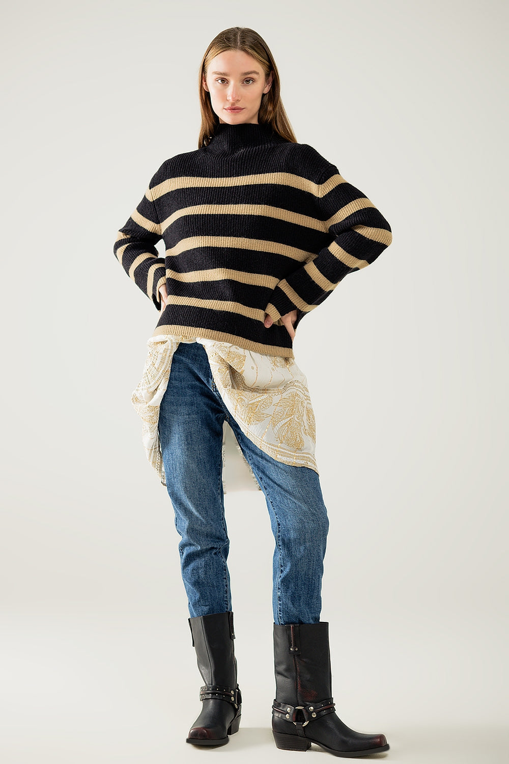 Ribbed Knit Jersey in Black with Camel Stripes