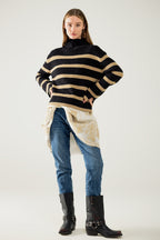 Ribbed Knit Jersey in Black with Camel Stripes