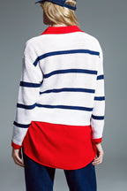 Ribbed White Sweater with Black Stripes and V-Neckline