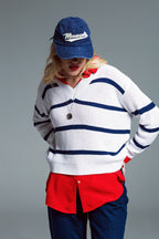 Ribbed White Sweater with Black Stripes and V-Neckline