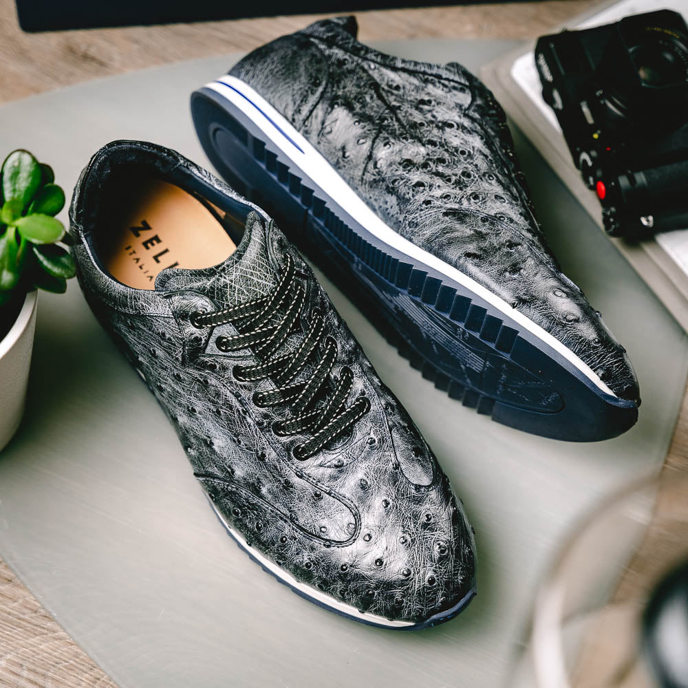 Rio Ostrich Quill Sneakers | Black Denim
