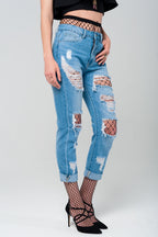 Ripped Mom Jeans with Fishnet Tights