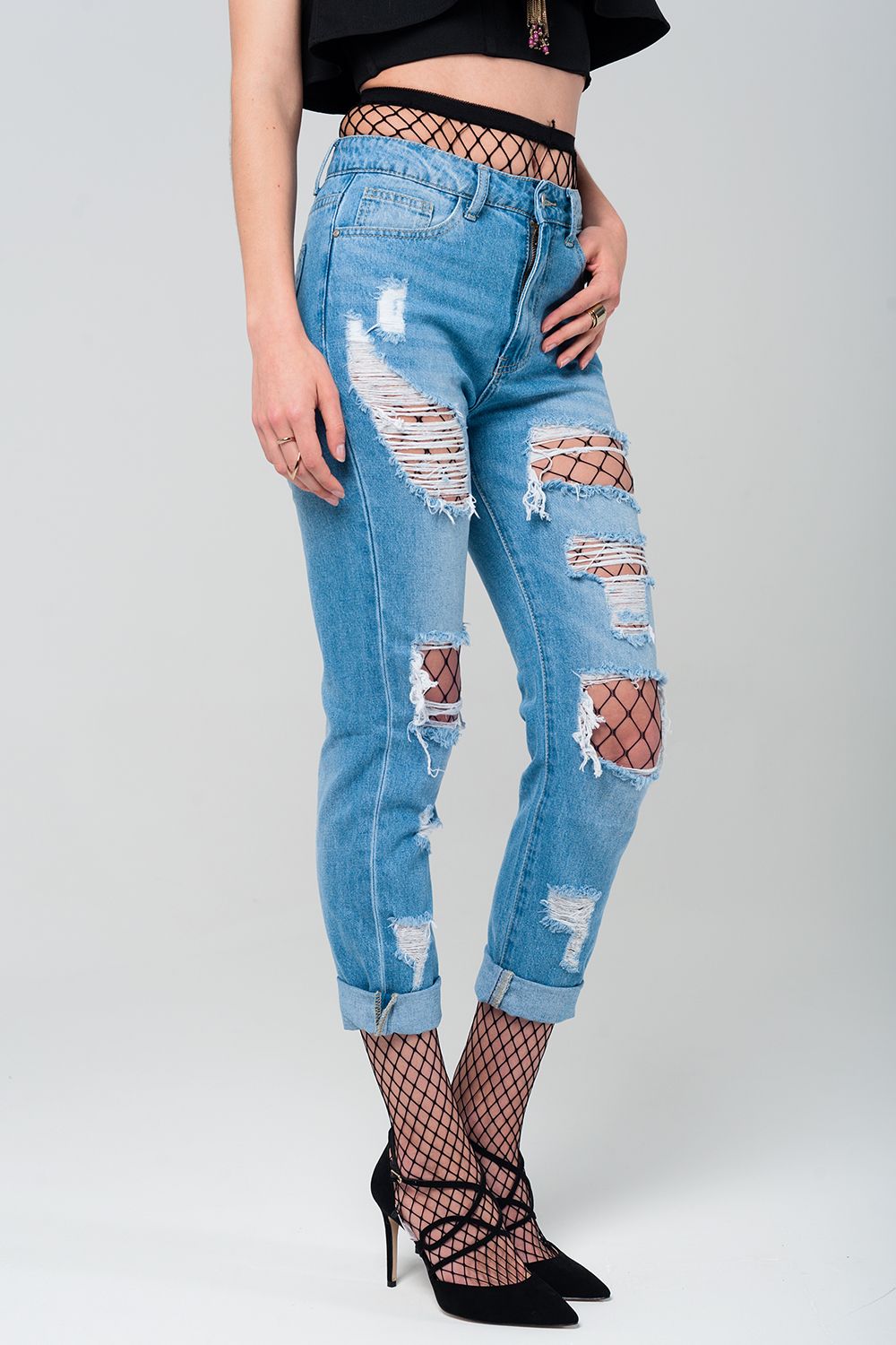 Ripped Mom Jeans with Fishnet Tights
