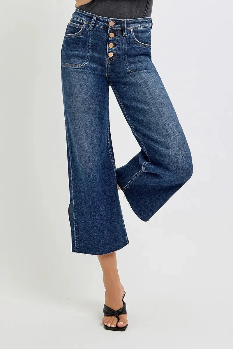 RISEN High Rise Crop Wide Button Up Jeans