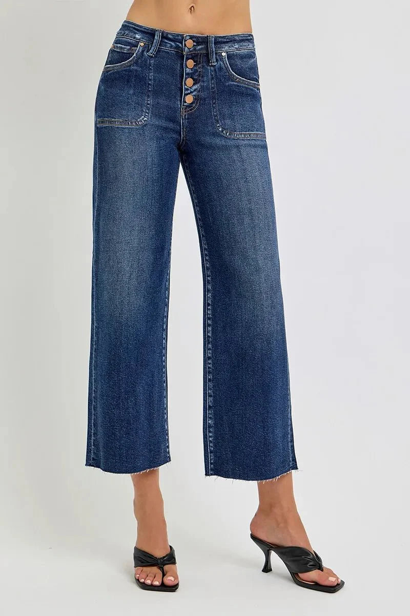 RISEN High Rise Crop Wide Button Up Jeans