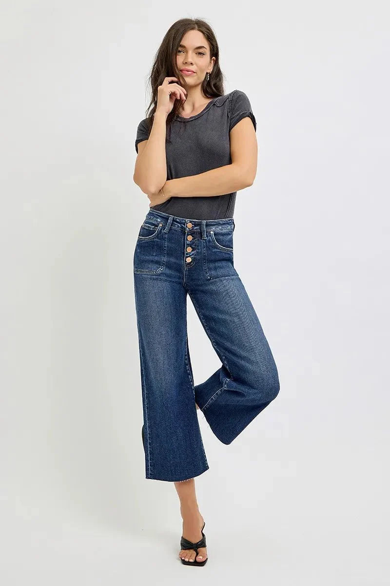 RISEN High Rise Crop Wide Button Up Jeans
