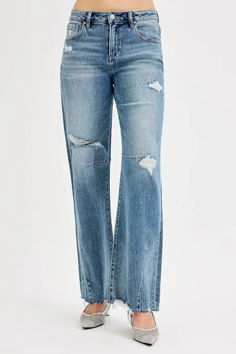 RISEN Mid Rise Fit Wide Baggy Leg Tie Washed Jeans