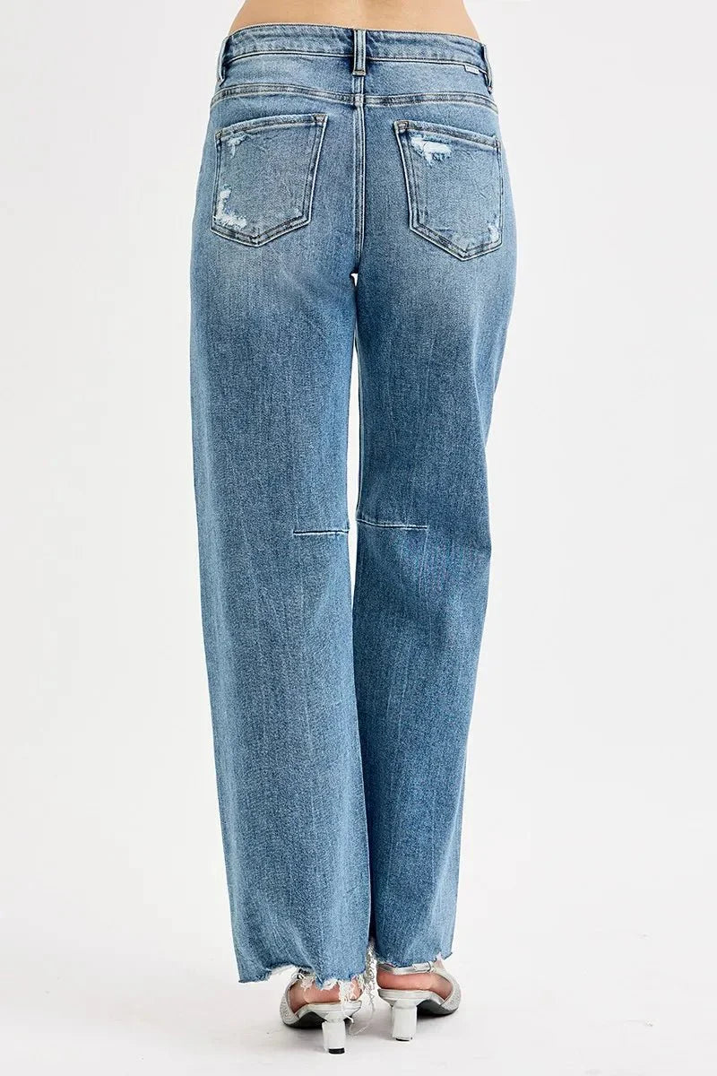 RISEN Mid Rise Fit Wide Baggy Leg Tie Washed Jeans