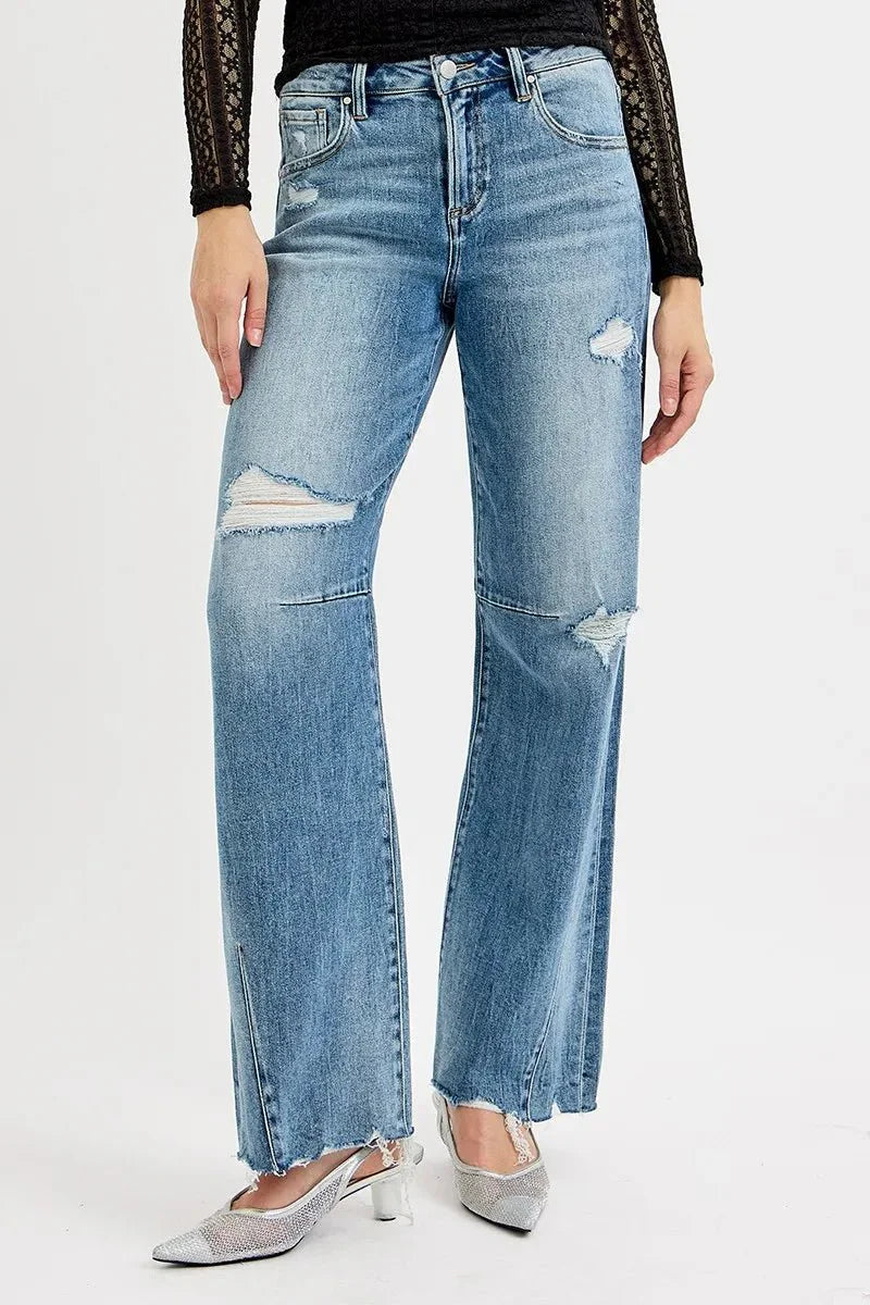 RISEN Mid Rise Fit Wide Baggy Leg Tie Washed Jeans
