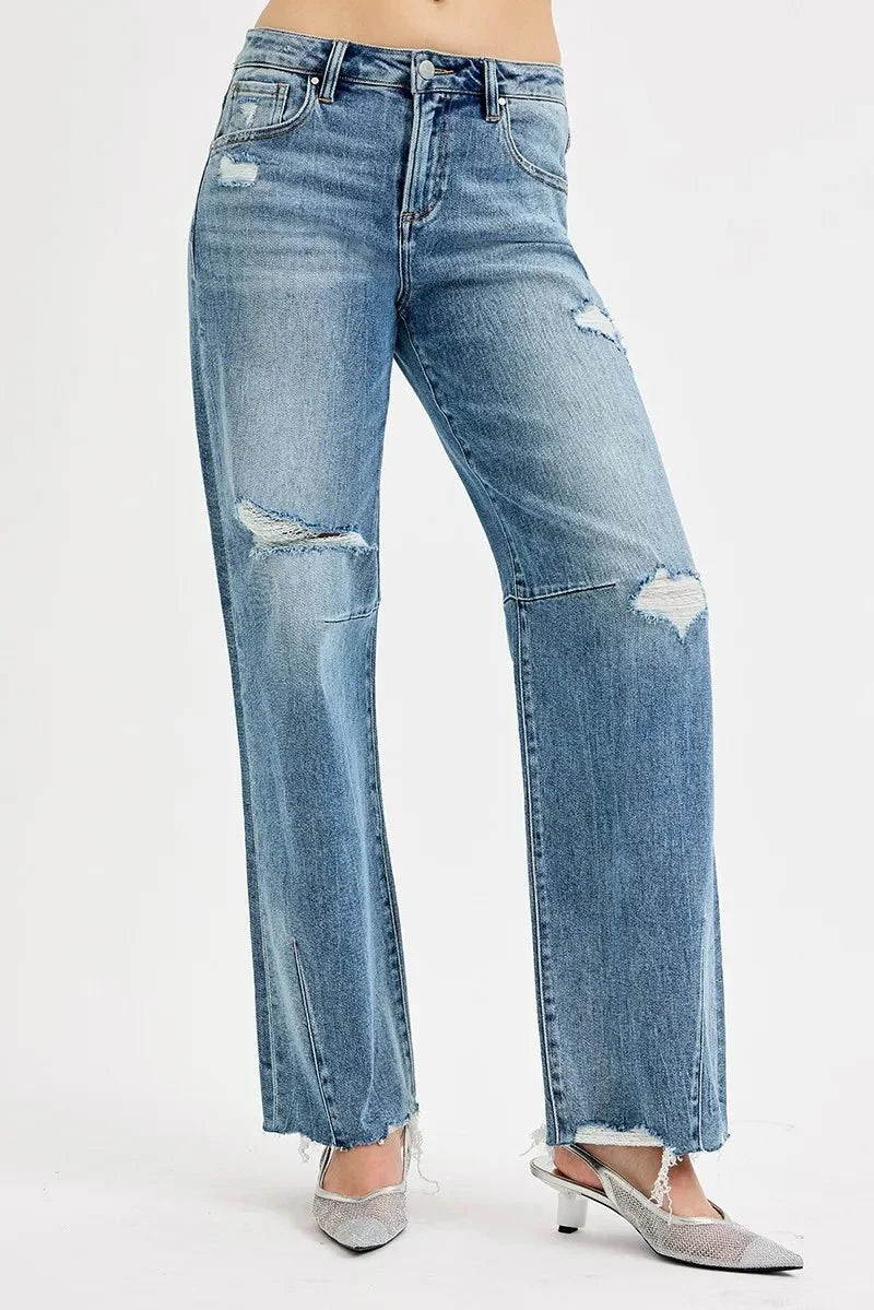 RISEN Mid Rise Fit Wide Baggy Leg Tie Washed Jeans