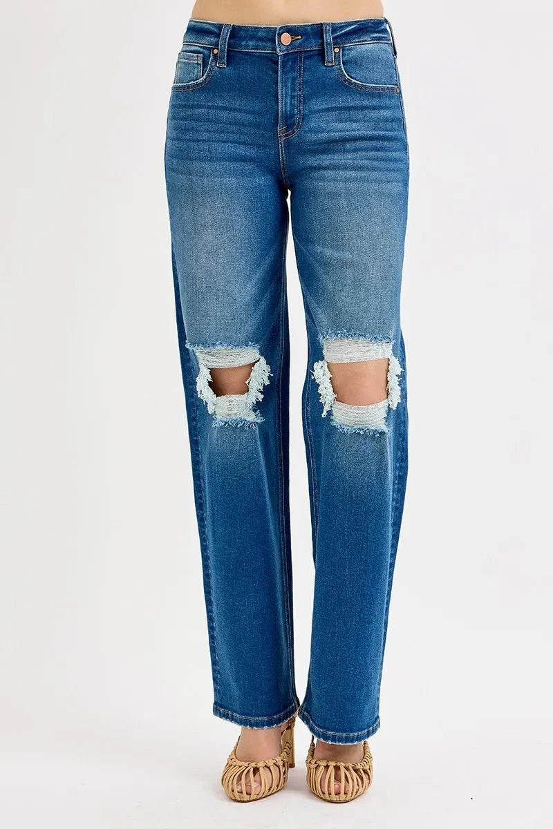 RISEN Full Size Mid Waist Fit Boyfriend Knee Distressed Jeans