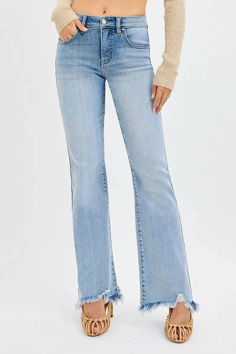 RISEN Tummy Control Mid Rise Flare Jeans with Fray Hem Detailed