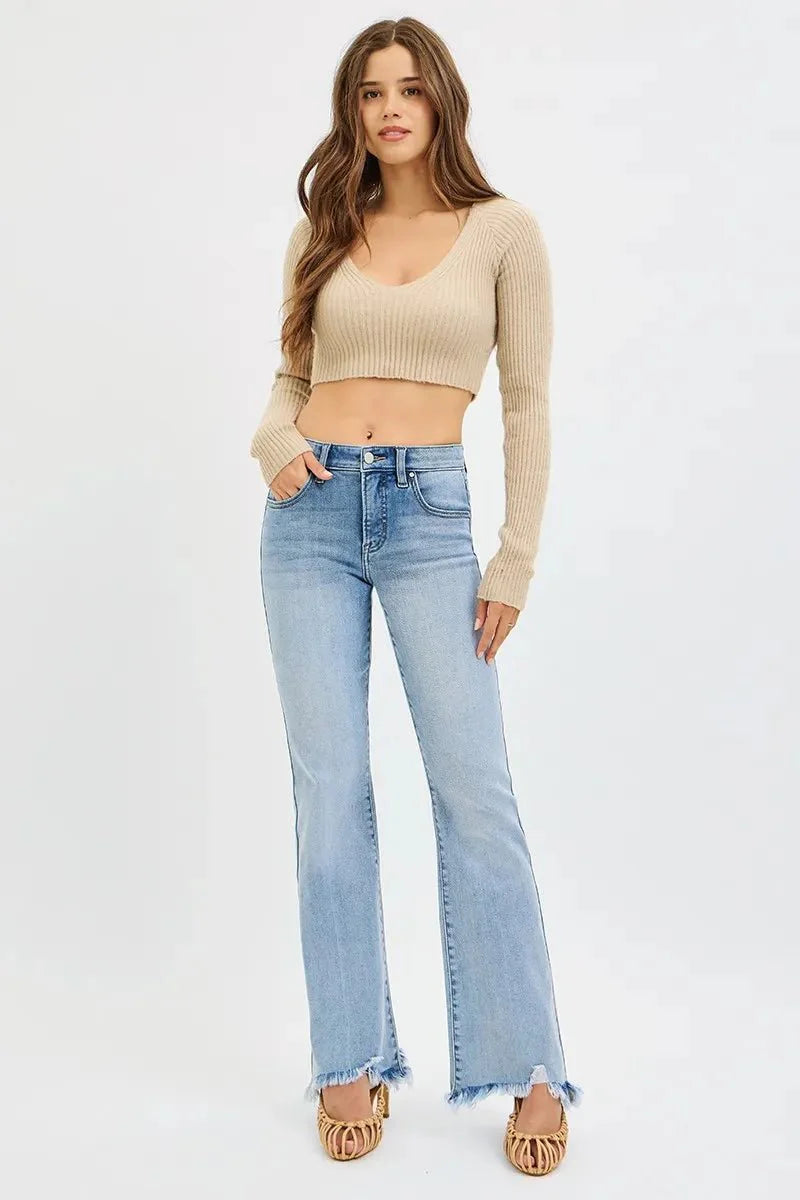 RISEN Tummy Control Mid Rise Flare Jeans with Fray Hem Detailed